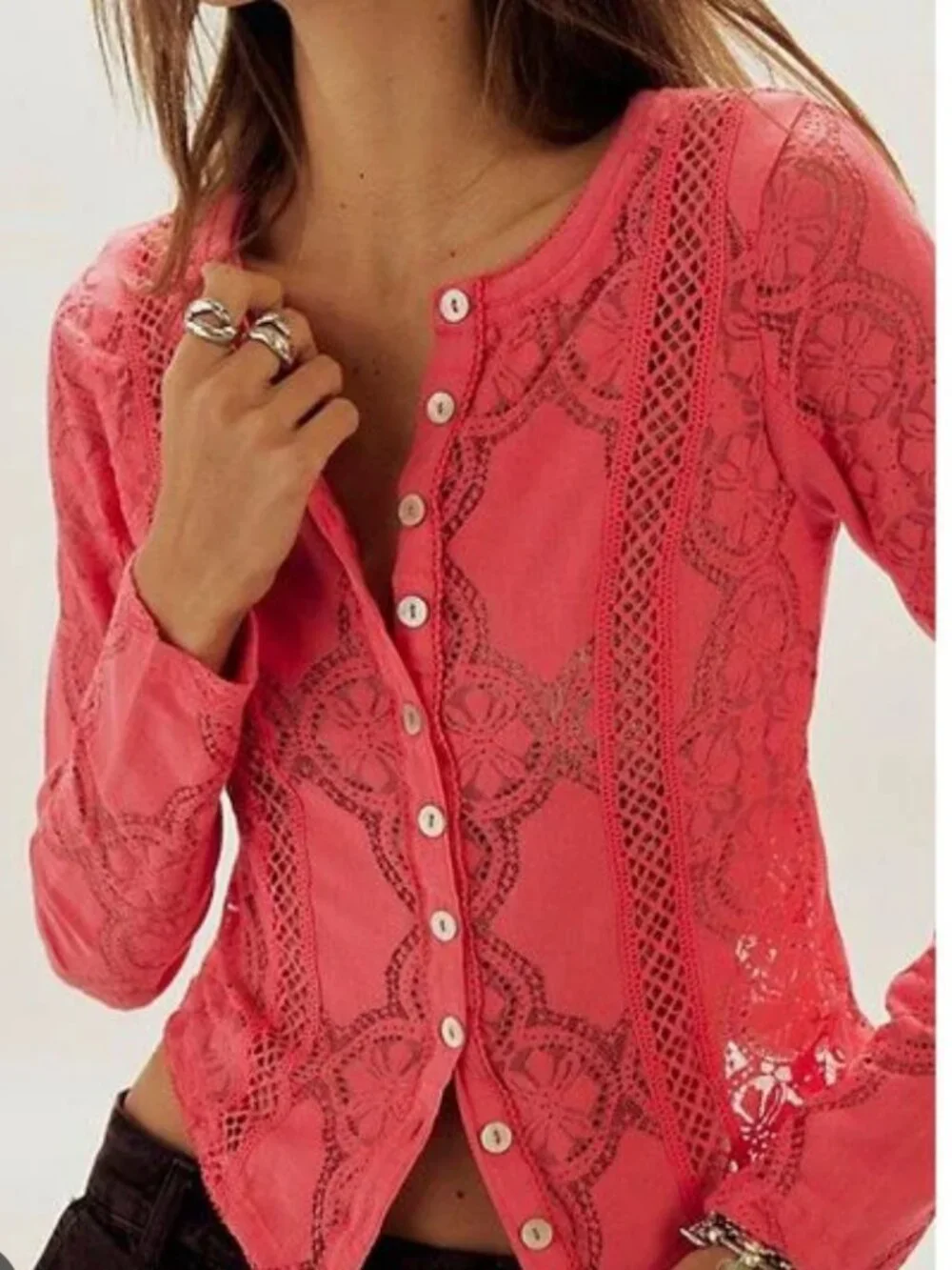 NWT Free People Jae Sheer Lace Knit Long Sleeve Top in Roughed Cheeks